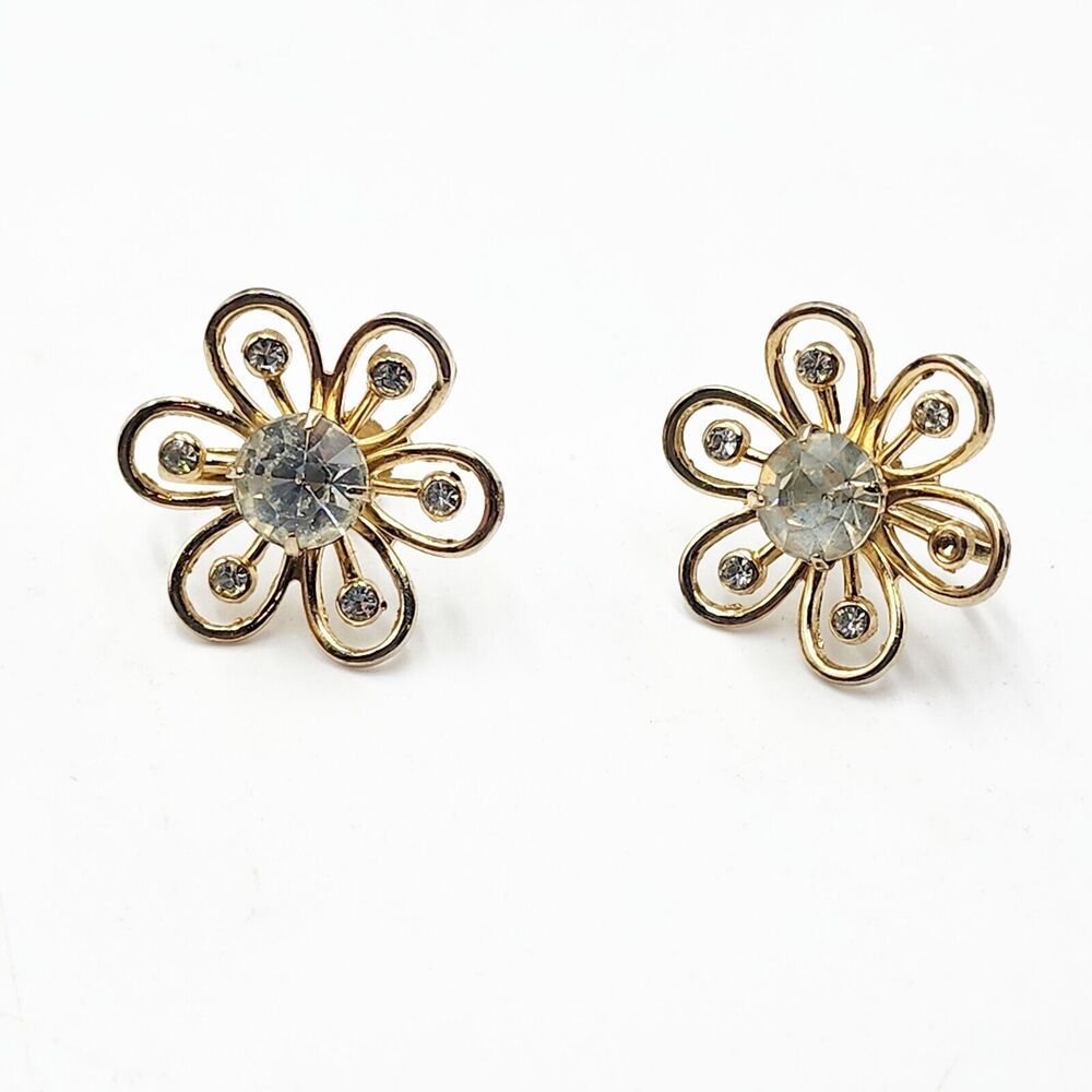 Vintage CORO Gold Tone Openwork Rhinestone Petal Flower Screw Back Earrings - Picture 1 of 5